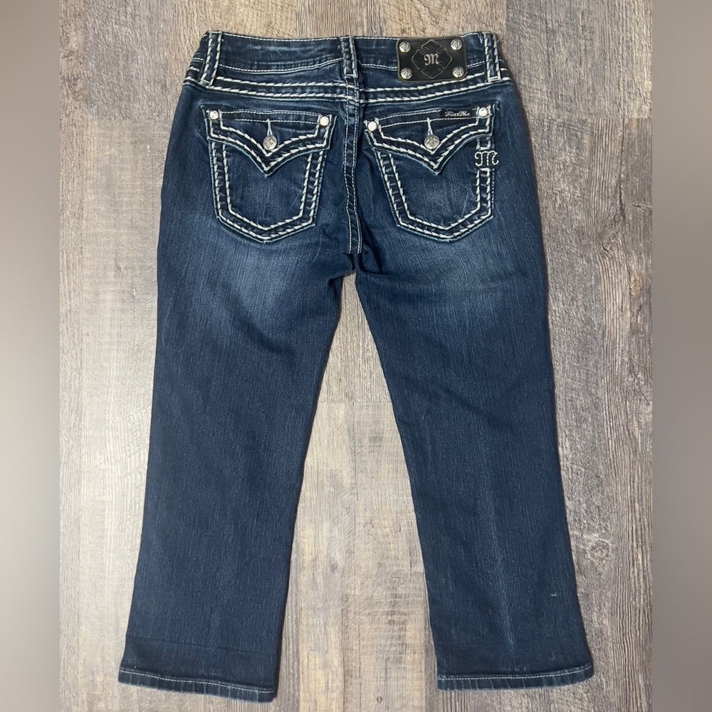 Miss Me Dark Indigo Cropped Jeans with White Stitching